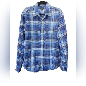 J. Crew Large 100% Linen Blue Plaid Button Down Shirt Lightweight Summer Beach